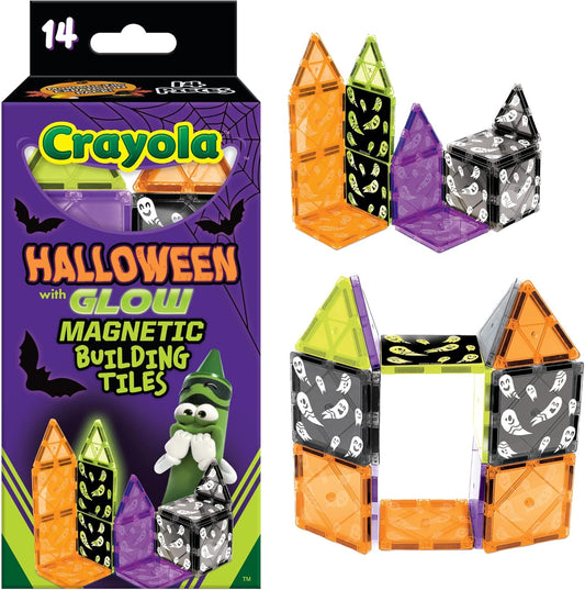 CreateOn Crayola Halloween Glow in The Dark Magnetic Tiles Set, Building Set for Kids, STEM Toys for Boys and Girls Ages 3 and Up, 14-Piece Set