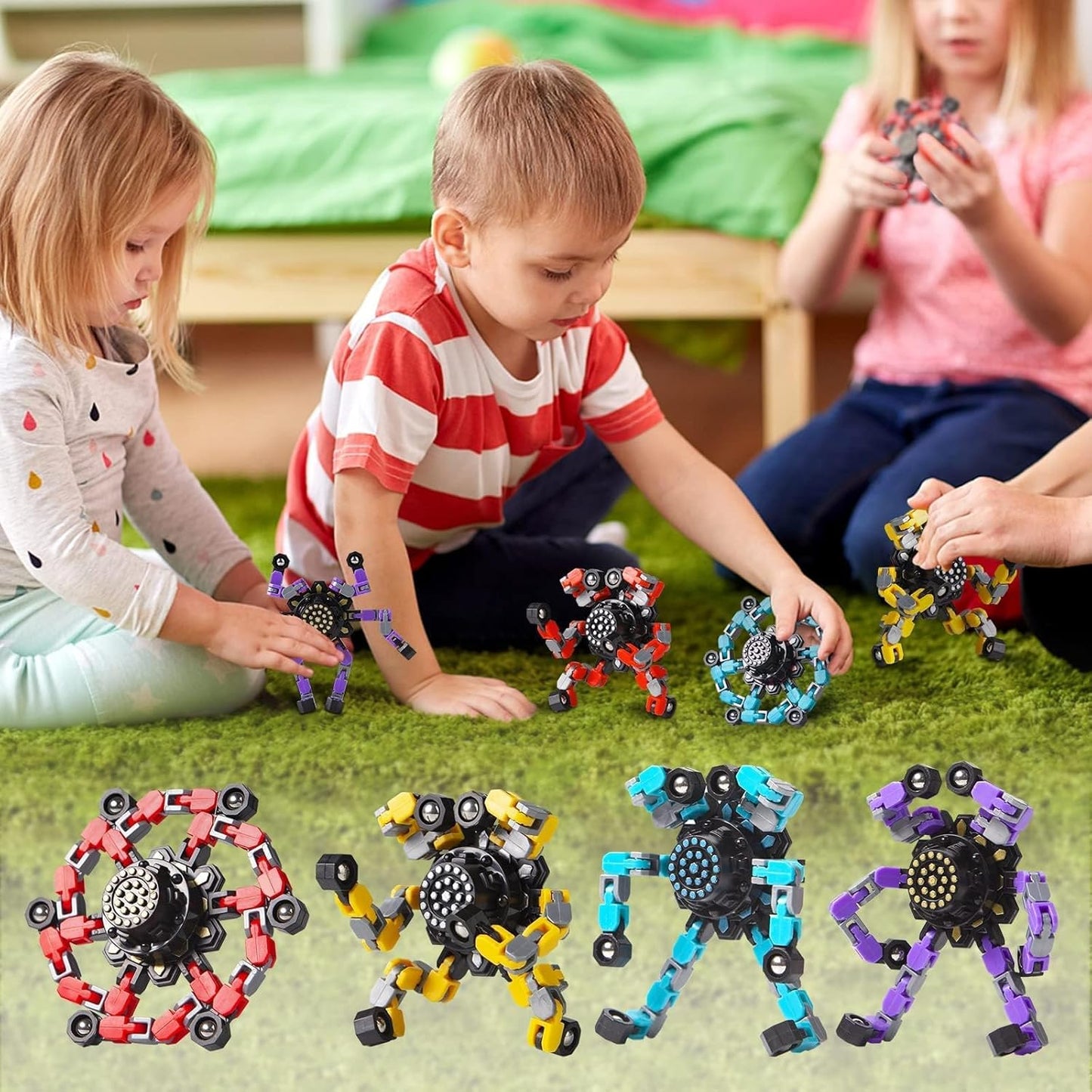 Transformable Fidget Spinners 8 Pcs for Kids and Adults Stress Relief Sensory Toys for Boys and Girls Fingertip Gyros for ADHD Autism for Kids (Fingertoy-8pc)