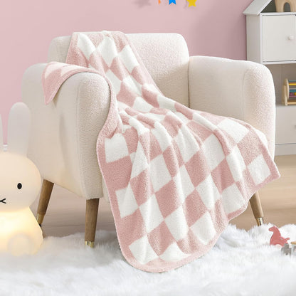 WRENSONGE Checkered Throw Blanket, Pink Microfiber Soft Cozy Fluffy Warm Hand Made Throw Blankets