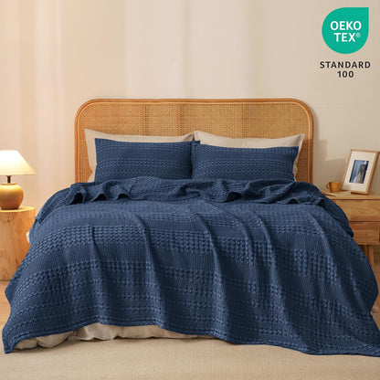 PHF 100% Cotton Waffle Weave Blanket Queen Size, Soft Lightweight Breathable Cozy Summer Blankets for Bed, Luxury Aesthetic Woven Bedding for Home Decor, 90"x90", Bright Navy Blue
