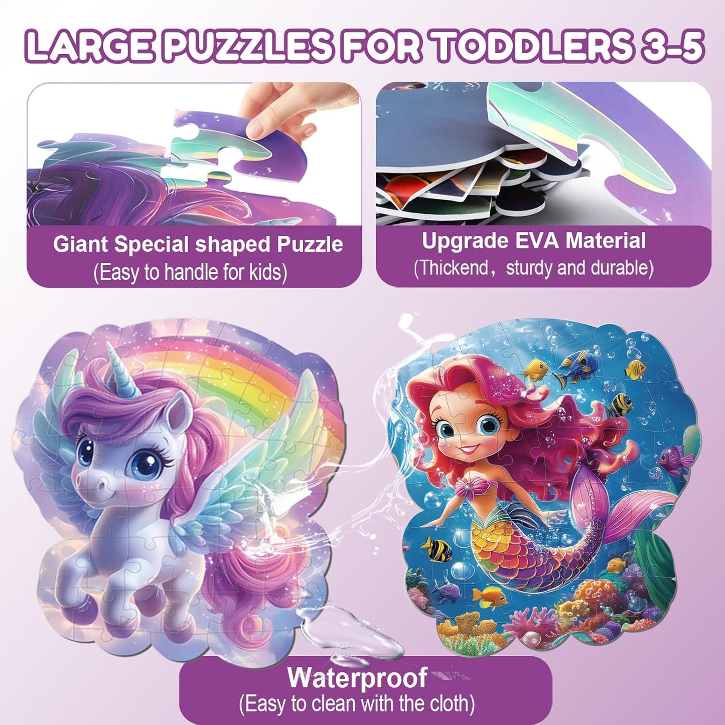45pcs Unicorn & Mermaid Double-Sided Floor Puzzles, Ages 3-8, 27.6x32 In, Waterproof, EVA Material, Jumbo Jigsaw Puzzle, 1 Set of 45 Pieces