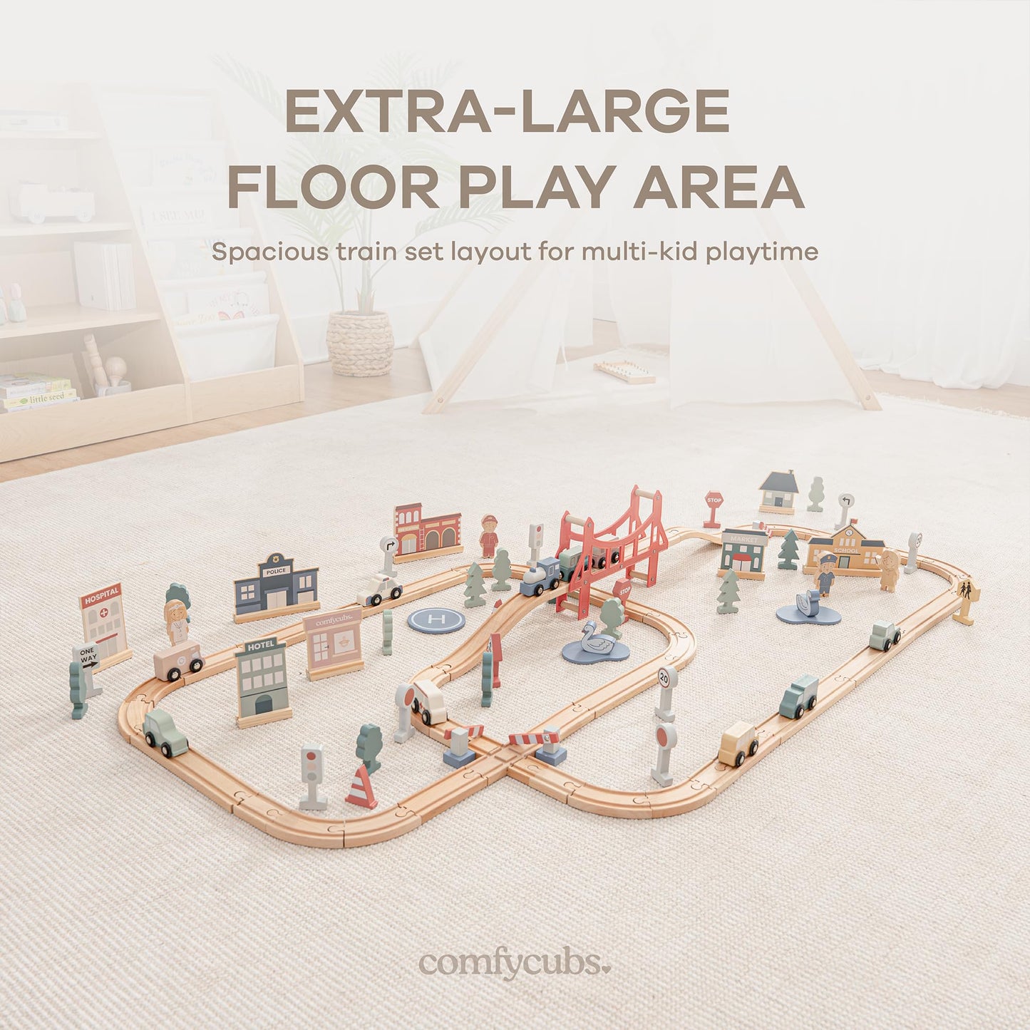 Comfy Cubs 100-Piece Wooden Train Set for Toddlers Ages 1+, Fun & Eco Friendly Toddler Train Set