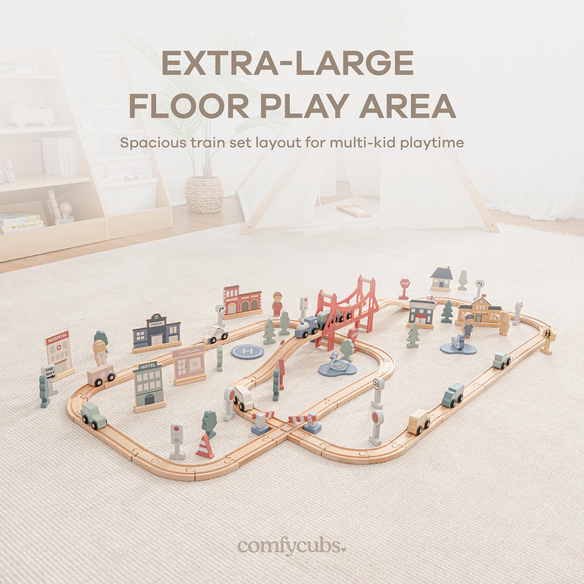 Comfy Cubs 100-Piece Wooden Train Set for Toddlers Ages 1+, Fun & Eco Friendly Toddler Train Set