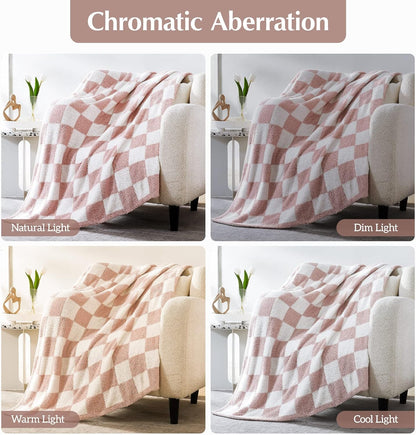 WRENSONGE Checkered Throw Blanket, Pink Soft Cozy Fluffy Warm Hand Made Throw Blankets for Couch