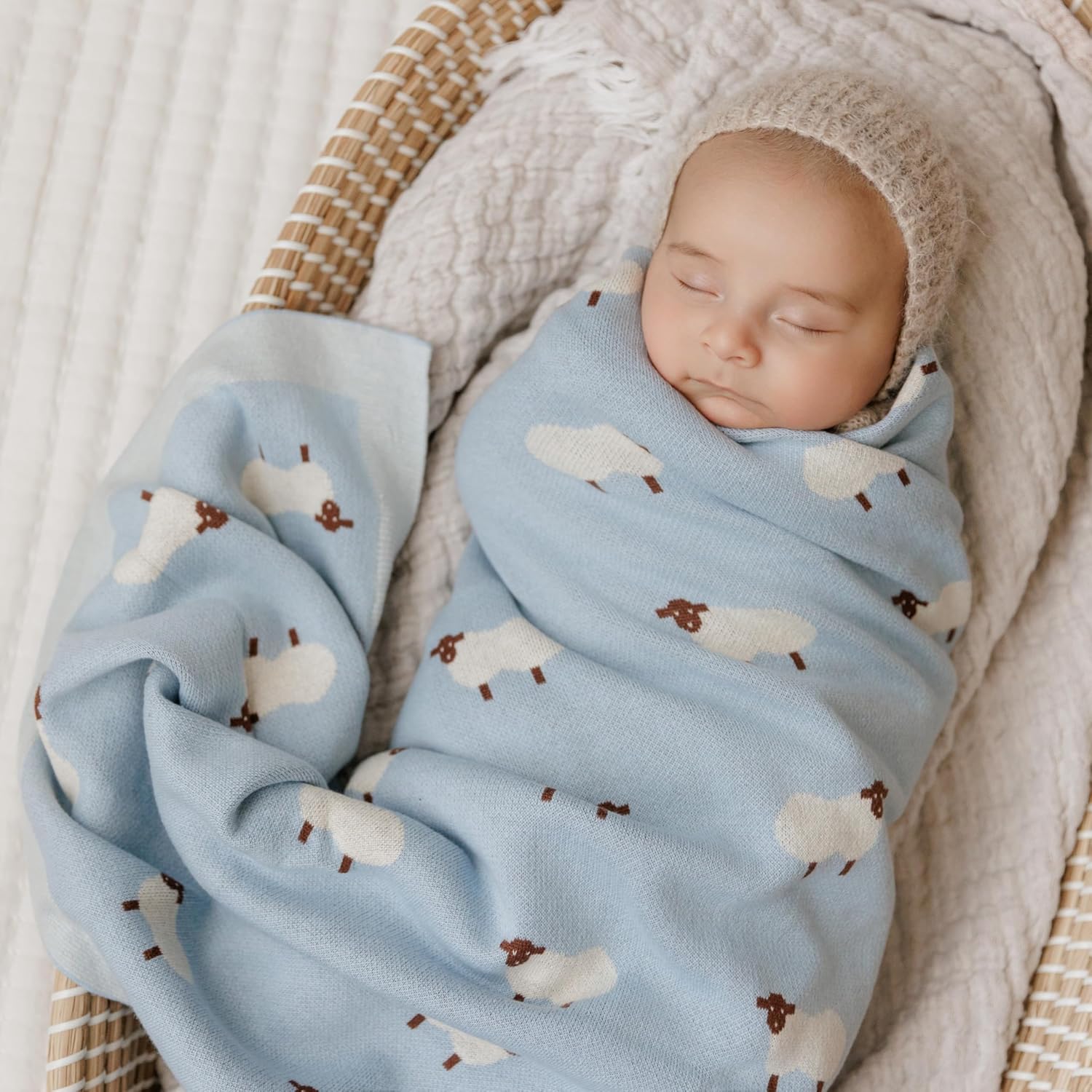 Knit Baby Swaddle Blanket for Boys - 100% Cotton Soft Cozy Lightweight Receiving Swaddling Crib