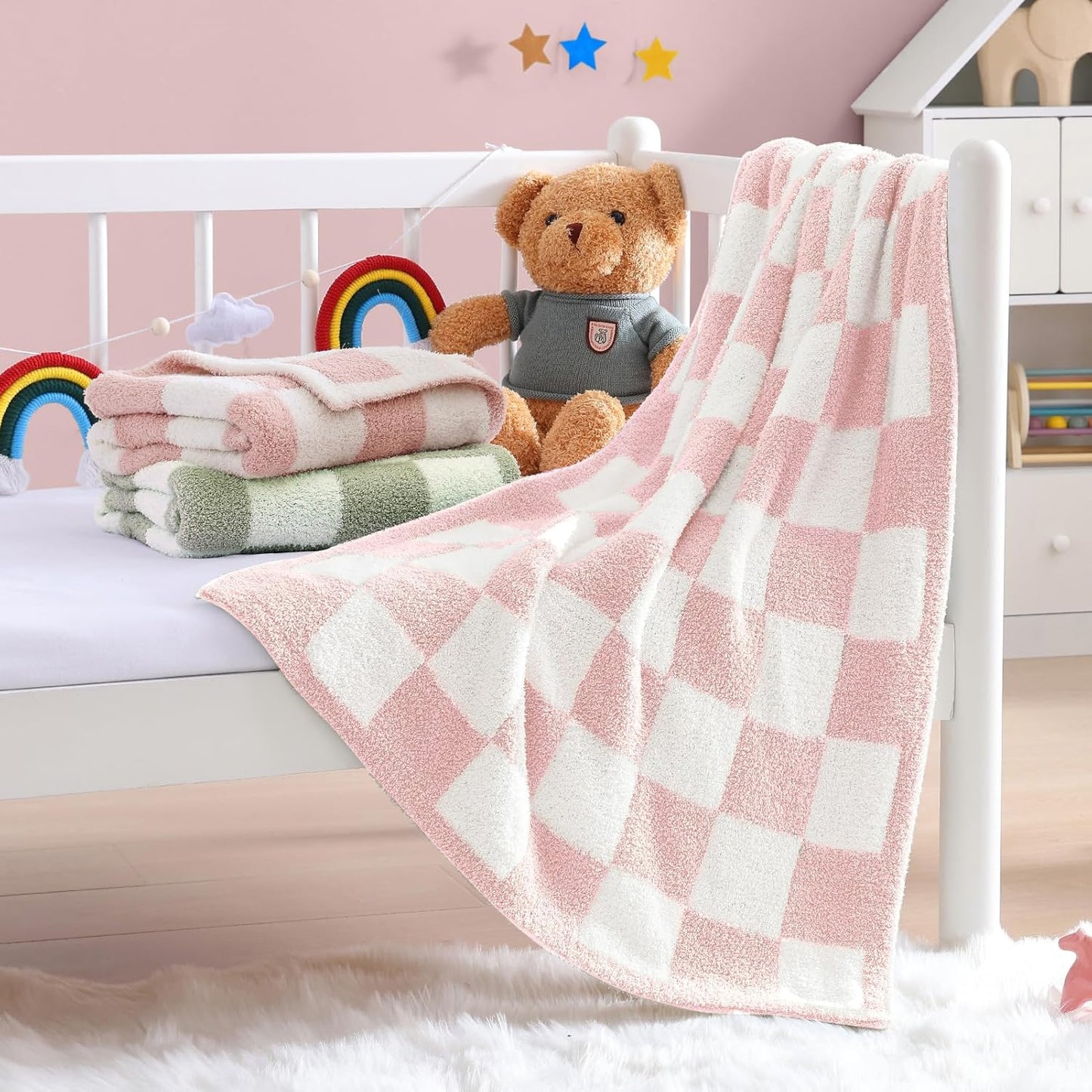 WRENSONGE Checkered Throw Blanket, Pink Microfiber Soft Cozy Fluffy Warm Hand Made Throw Blankets