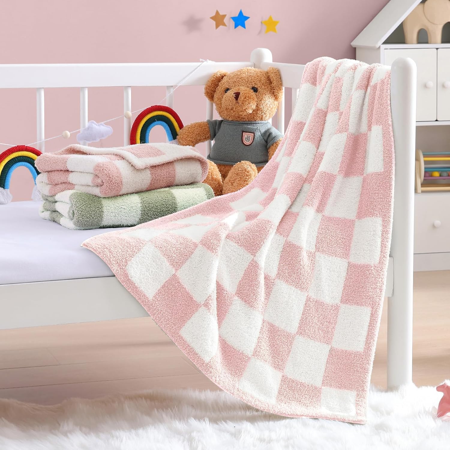 WRENSONGE Checkered Throw Blanket, Pink Microfiber Soft Cozy Fluffy Warm Hand Made Throw Blankets