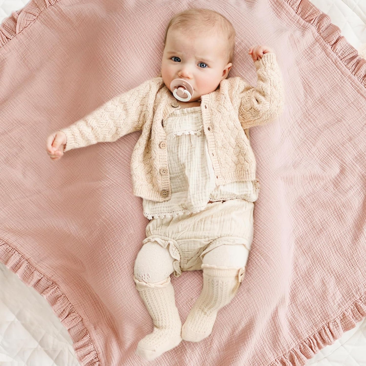Konssy Flounce Muslin Baby Blankets, Cotton Crib Blanket for Baby Infant Toddler, Super Soft and