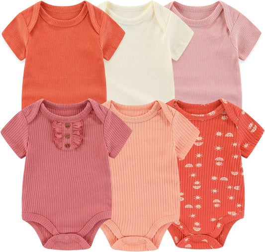 Baby Bodysuit 6 Pack Soft Mixed Ribbed Short Sleeve Romper Infant Boy Girl Clothes Set