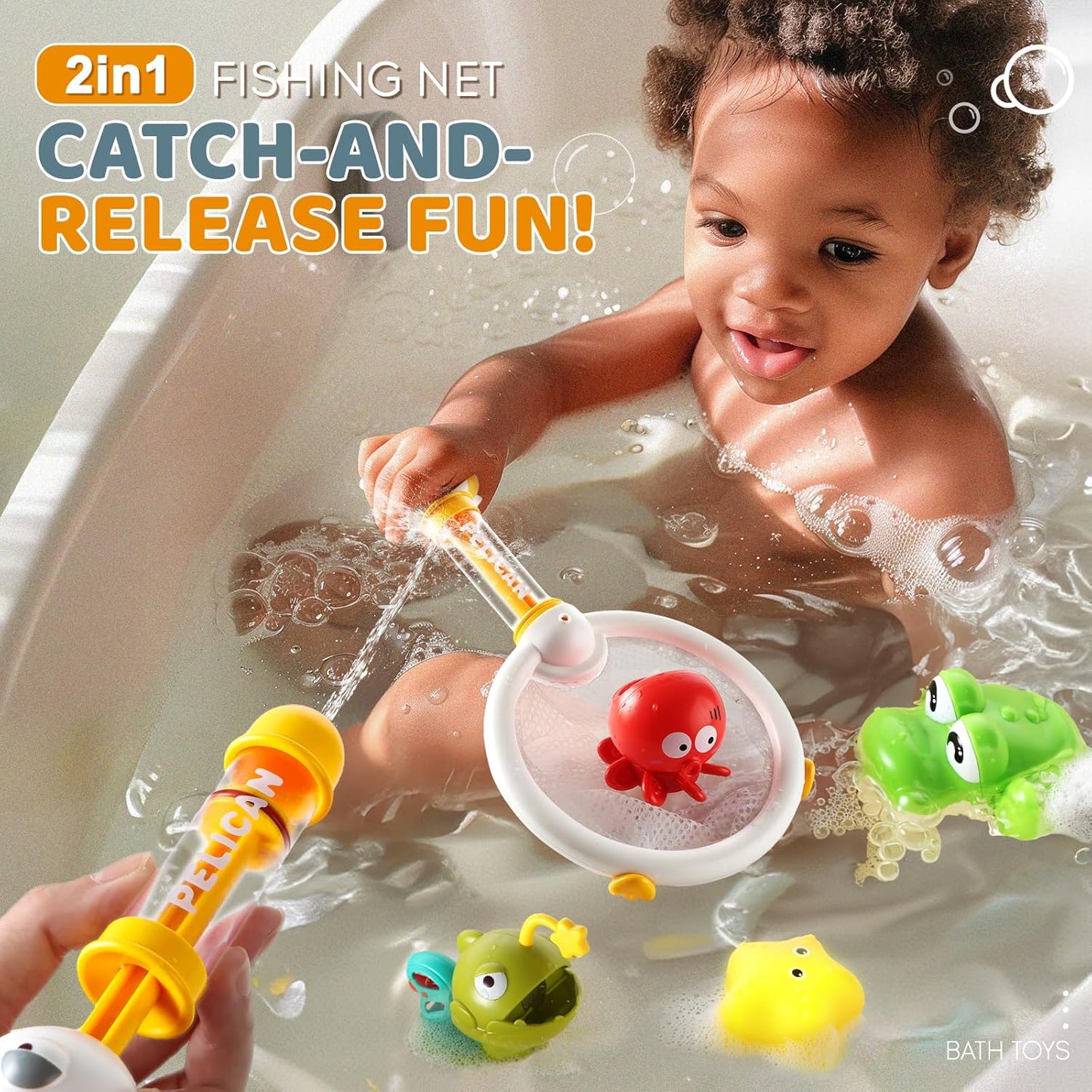 Bath Toys for Kids, Magnetic Fishing Toys with Storage Bag and Light up Star, Wind Up Creatures