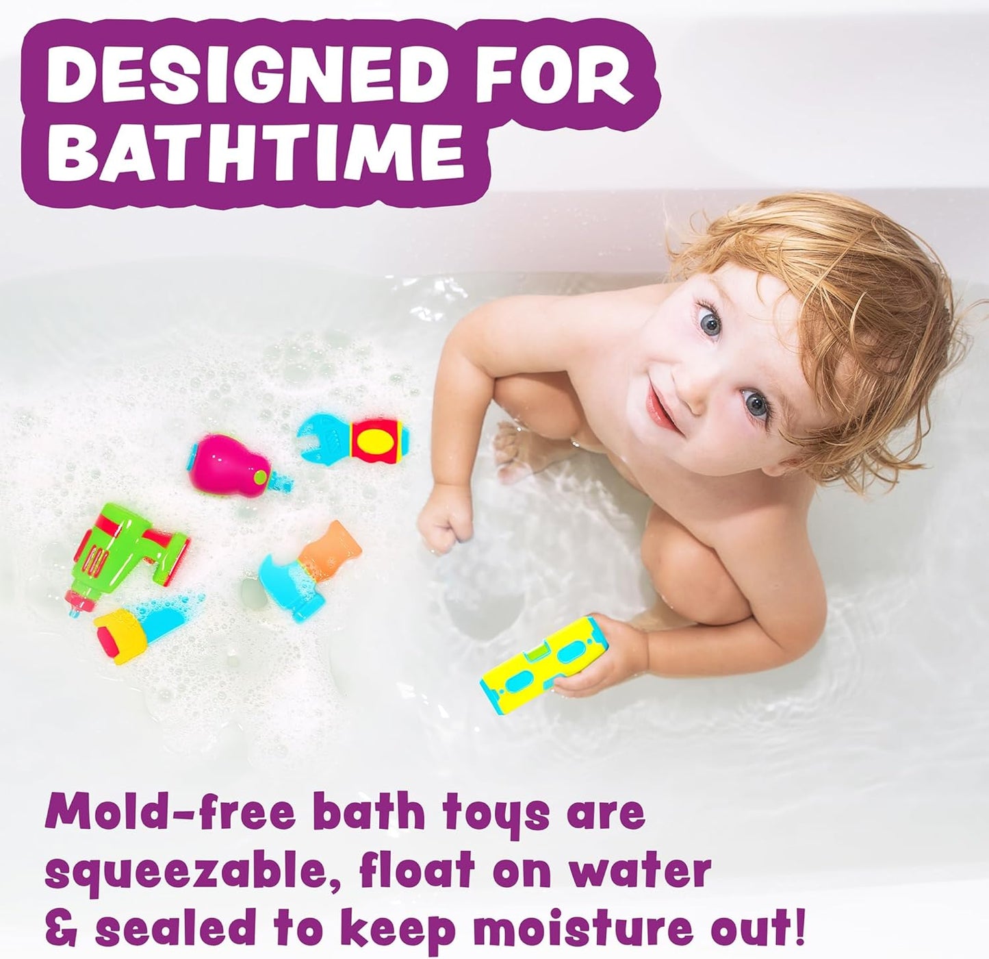 Tub Works® Tools™ Mold Free Bath Toys, 6 Pack | Sealed, No Hole Bath Toys Design Keeps Moisture Out
