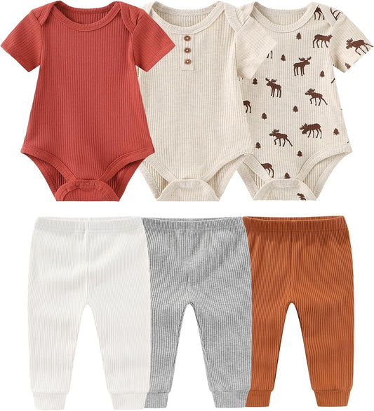 Baby Bodysuit and Pant Set 6-pcs Ribbed Soft Infant Boy Girl Clothes Outfits