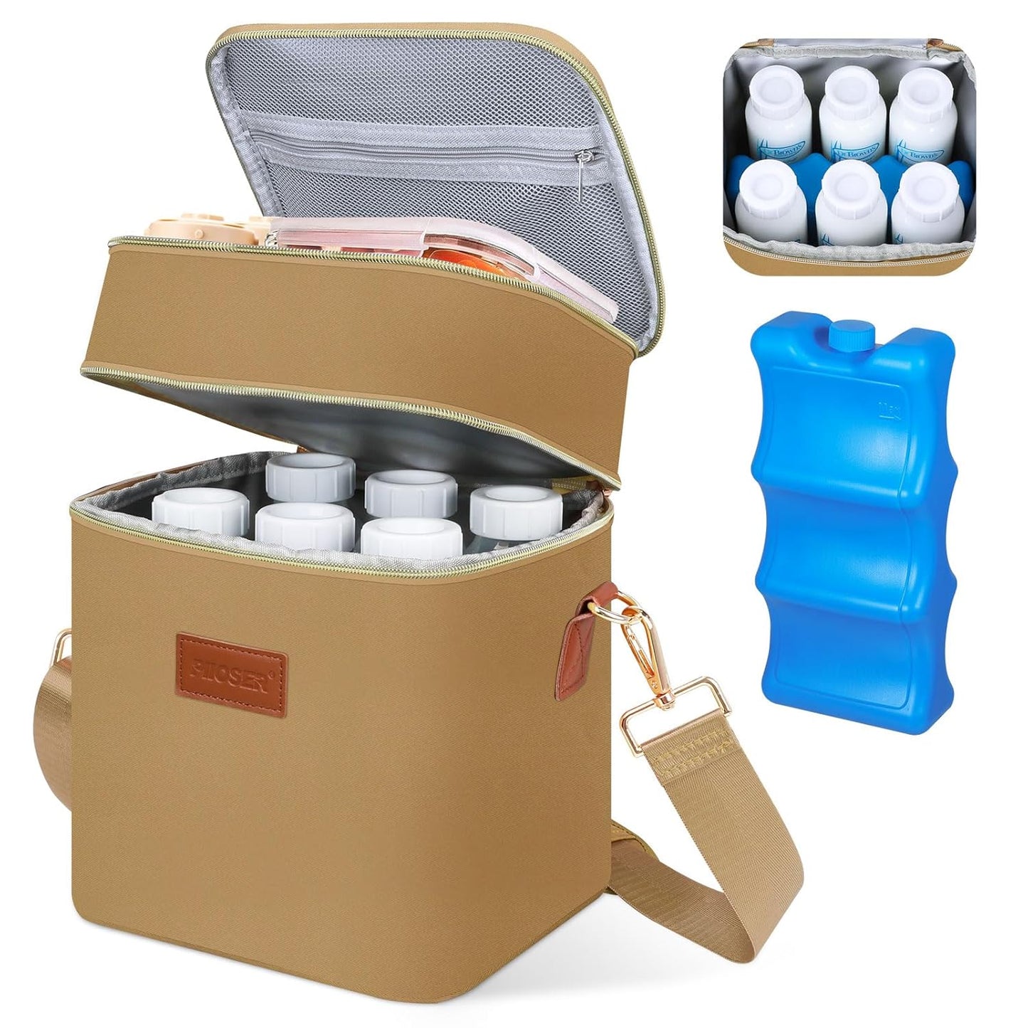 PIIOSER Breastmilk Cooler Bag with Ice Pack Fits 6 Baby Bottles Up to 9 Ounce, Insulated Baby