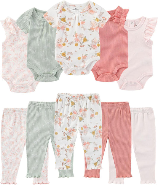 Baby Bodysuit and Pant Set Summer Ribbed Mix Match Infant Boy Girl Clothes Outfits