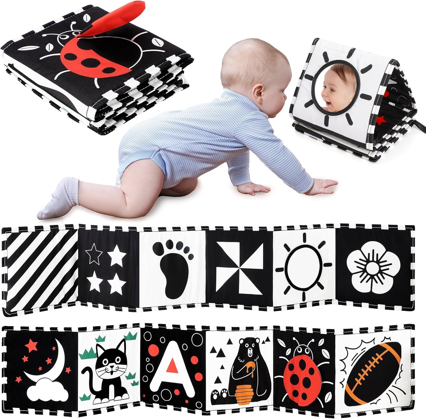 URMYWO Black and White Baby Toys, Tummy Time High Contrast Newborn Toys 0-3 Months, Soft Baby Book, Visual Stimulation Montessori Sensory Infant Toys 0-6-12 Months, Shower Gift for Boys Girls