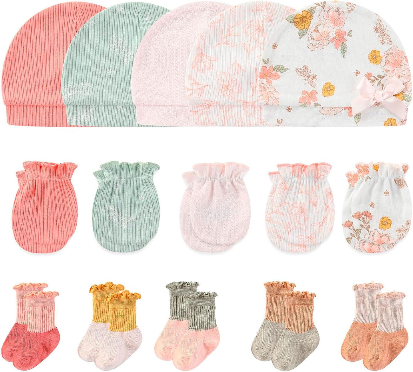 Newborn Baby Boy Girl Caps Mittens Socks Set Cotton Baby Essentials Accessories (Hats+Gloves+Socks)