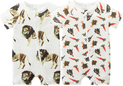 Unisex Summer Trendy 2-Pack Rompers Short Sleeve Zipped Bodysuit Infant Cotton Outfits