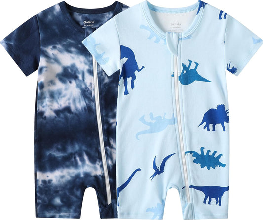 Owlivia Baby Short Sleeve Summer Romper Set, 2 Pack Tank Jumpsuit for Girls and Boys, Cartoon One Piece Coverall Outfit