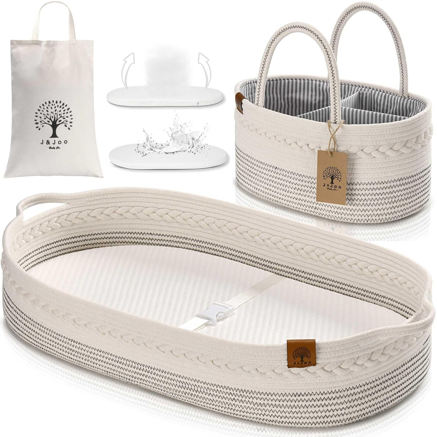 Baby Changing Basket Includes Diaper Caddy - Breathable & Waterproof Dual-Cover, Portable, Changing Pad for Dresser & Changing Table, Gift for Baby Shower, Cotton Rope Basket for Baby