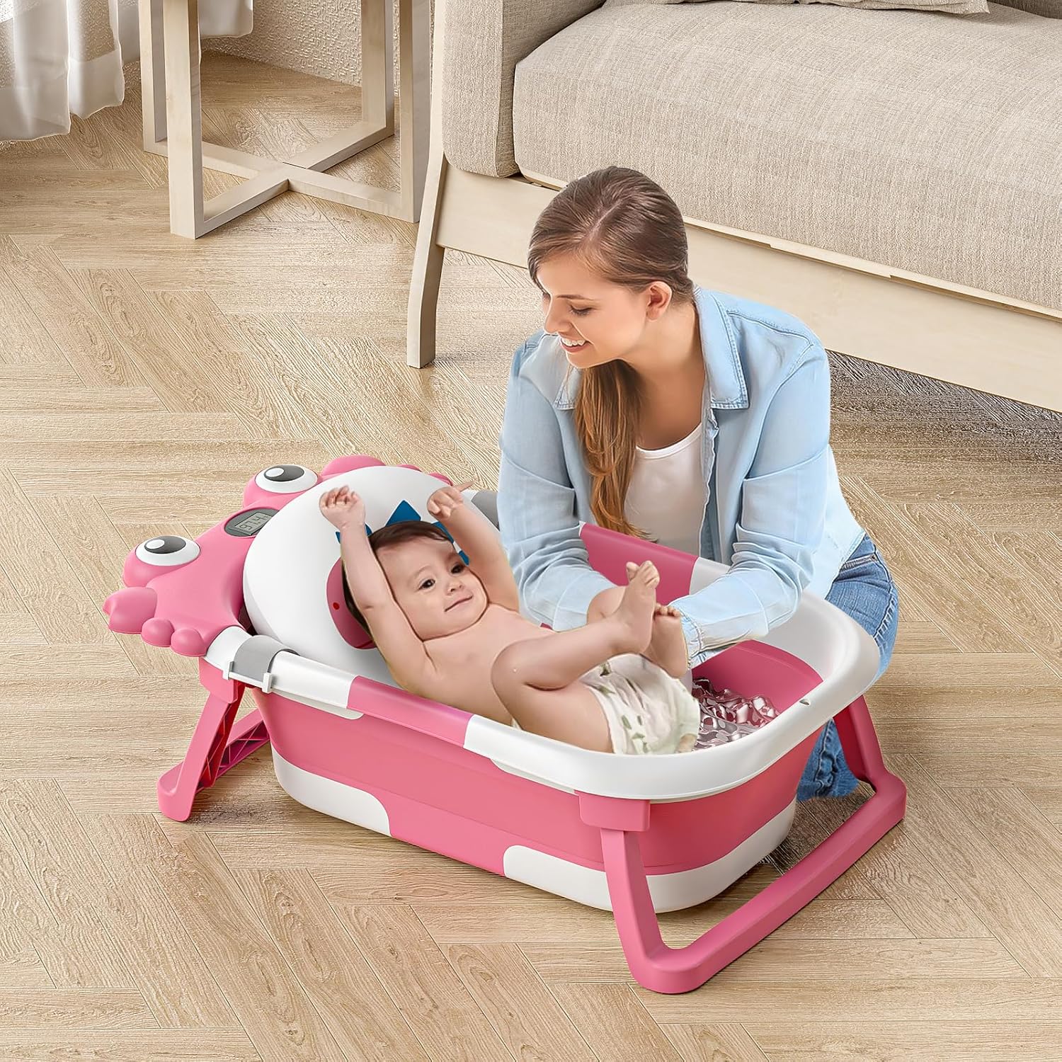 Collapsible Baby Bathtub for Newborns to Toddler with Real-time Temp Monitor & Floating