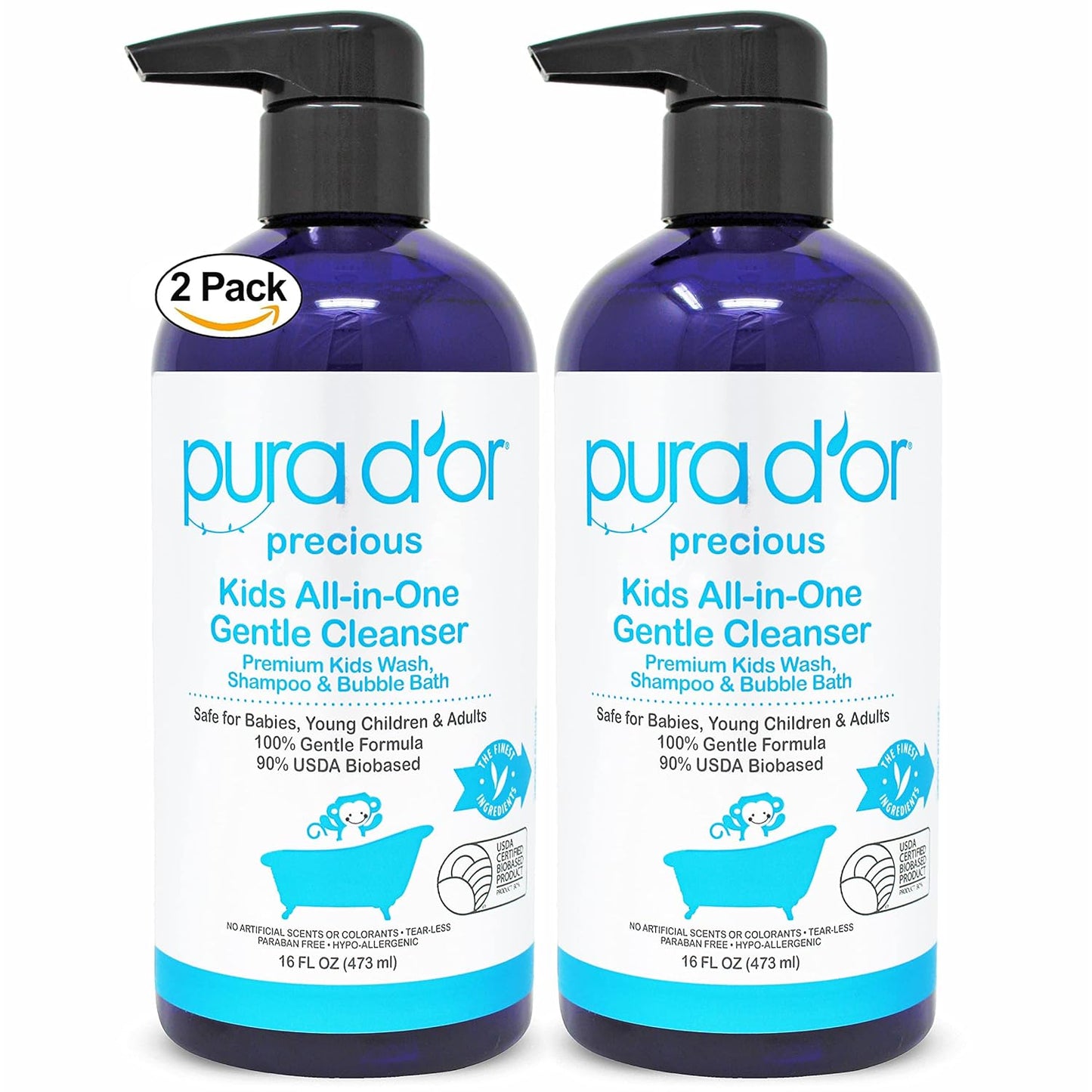 PURA D'OR Kids Wash (16oz x 2 = 32oz) All-in-One Gentle Cleanser - USDA Biobased, Sulfate-Free