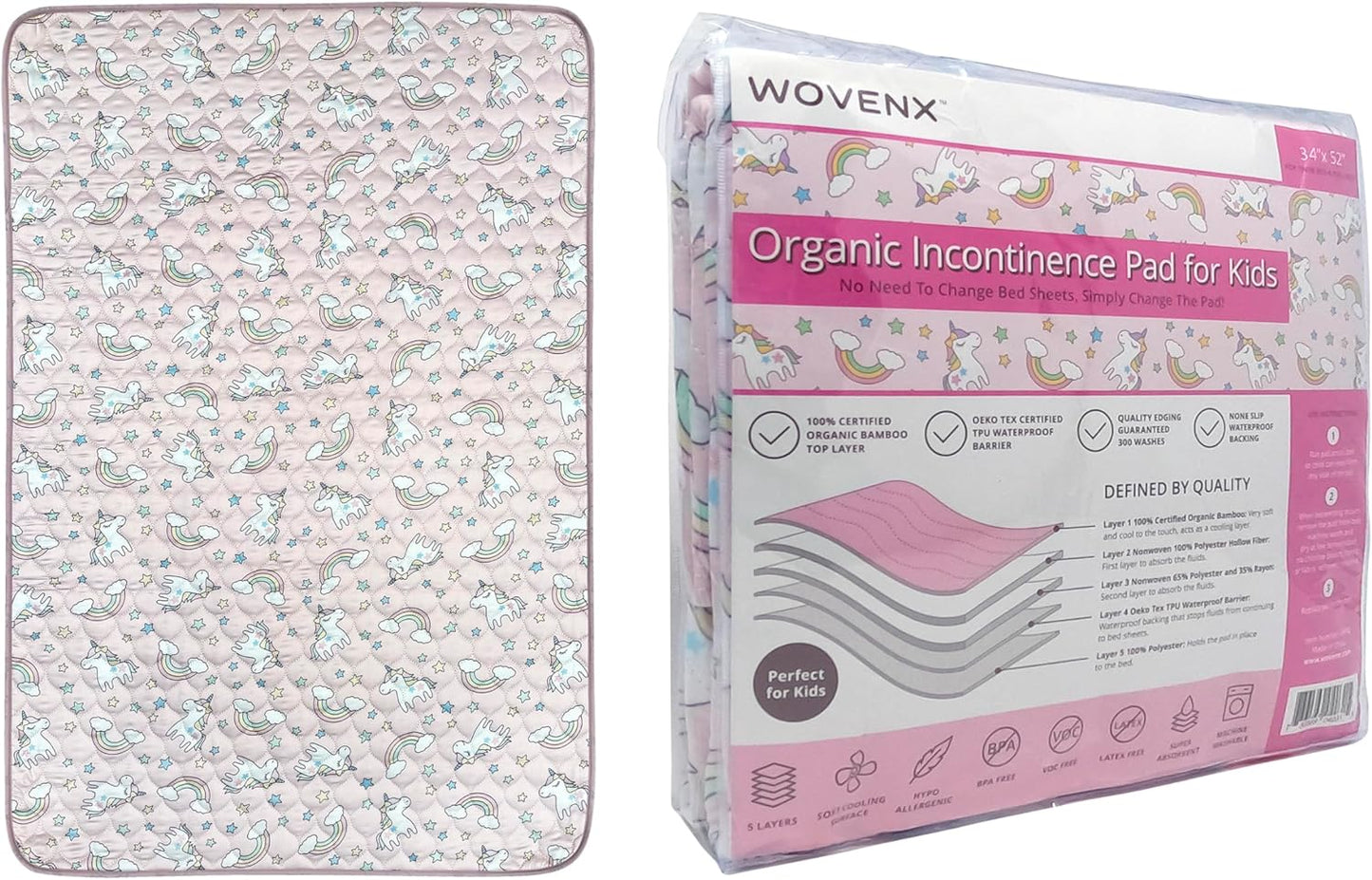 Organic Incontinence Pads for Kids & Toddlers - 5 Layer Waterproof Protectors for Overnight Bed