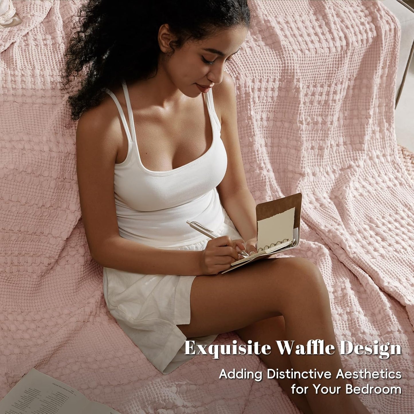 PHF 100% Cotton Waffle Weave Blanket Queen Size, Soft Lightweight Breathable Cozy Summer Blankets for Bed, Luxury Aesthetic Woven Bedding for Home Decor, 90"x90", Pink/Mauve
