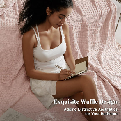 PHF 100% Cotton Waffle Weave Blanket Twin Size, Soft Lightweight Breathable Cozy Summer Blankets for Bed, Luxury Aesthetic Woven Bedding for Home Decor, 66"x90", Pink/Mauve