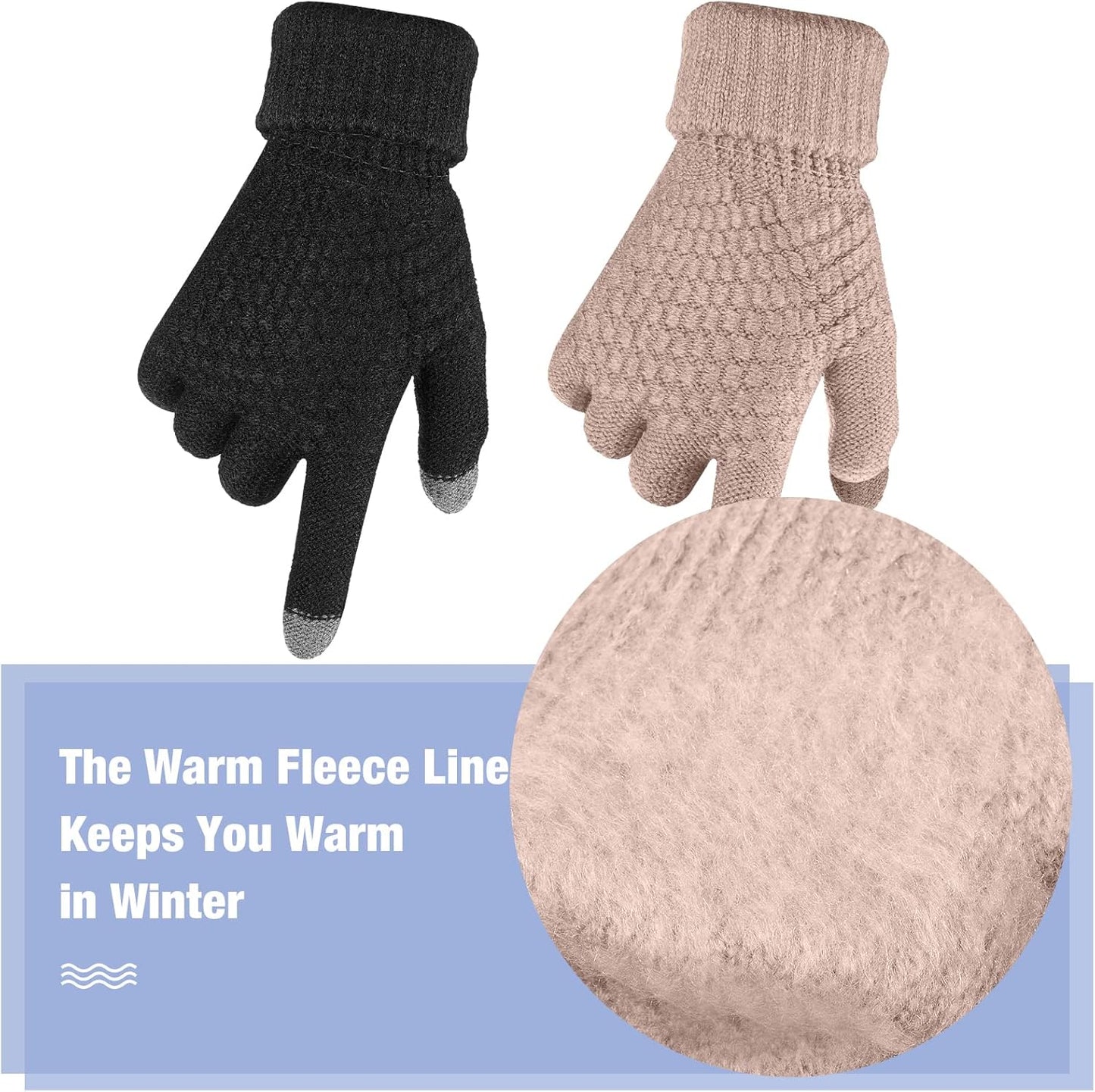 Geyoga 2 Pairs Women's Winter Touch Screen Gloves Soft Warm Fleece Lined Knit Elastic Cuff Winter Texting Gloves