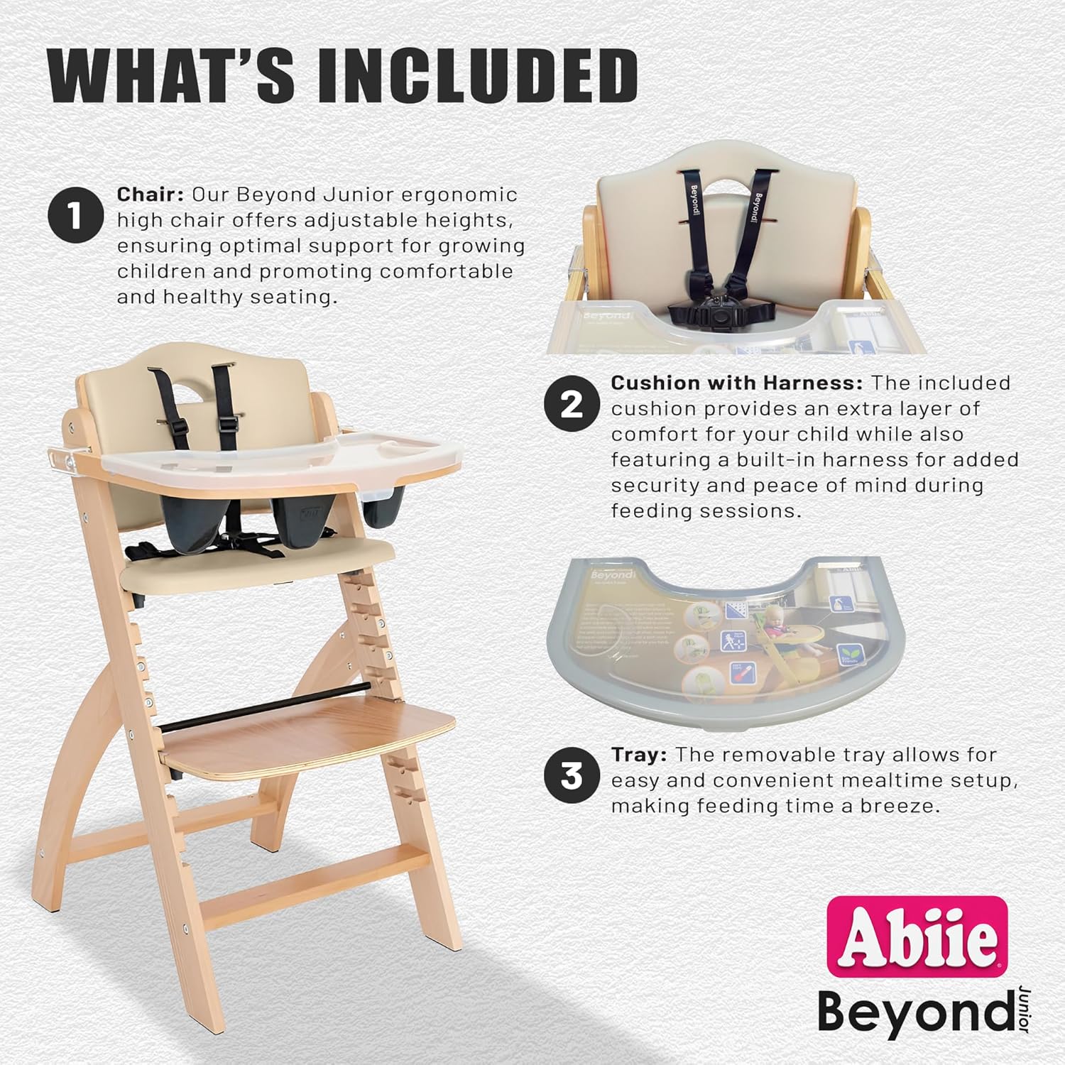 Abiie Beyond Junior Wooden High Chair with Tray - Adjustable and Convertible High Chair for Babies
