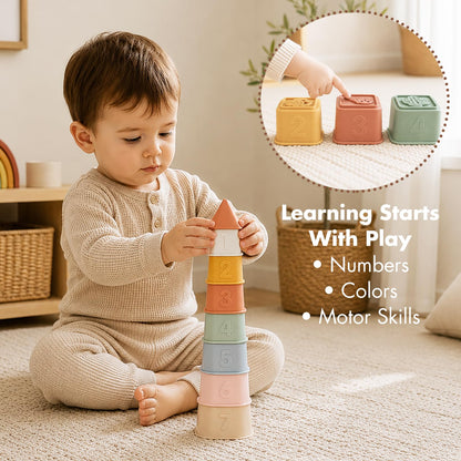 YIVEKO Baby Stacking Cups Toy, Silicone Stacking Tower Educational Baby Toys 6M+, Soft Teething
