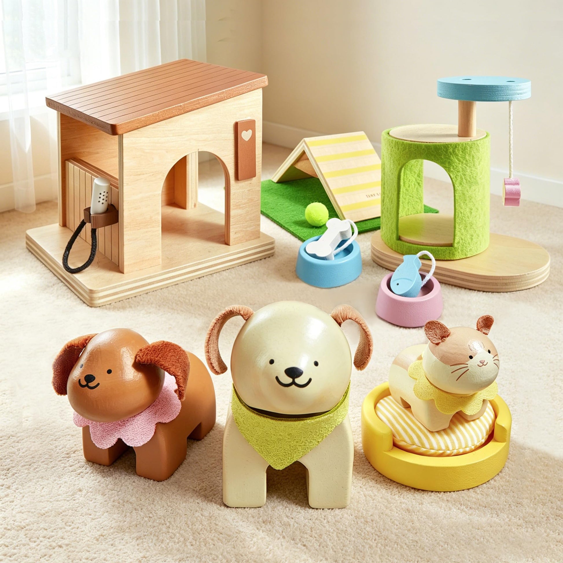 Tiny Land Wooden Dollhouse Animal Set for Toddlers, Dollhouse Accessories