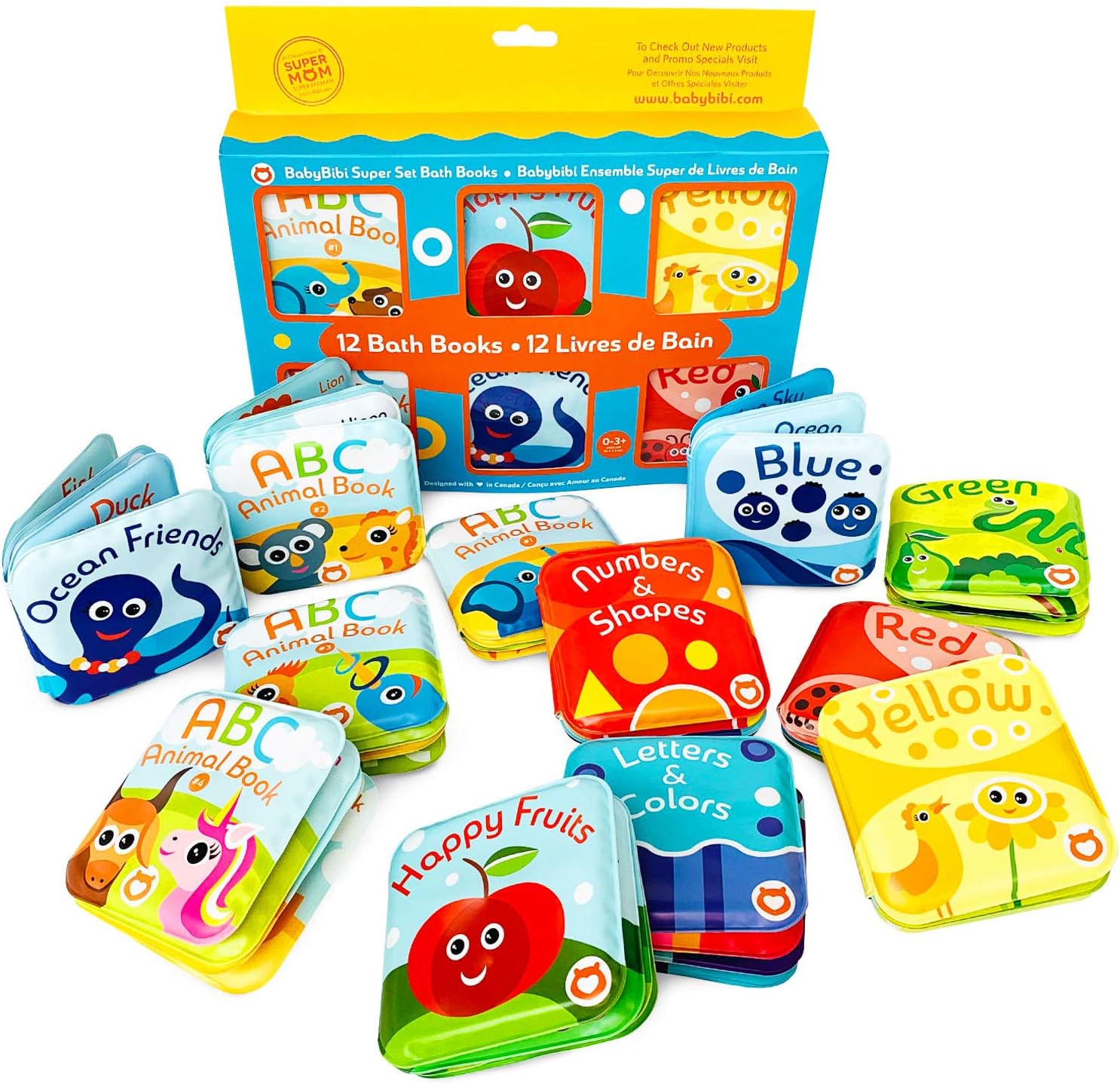 Super Bath Book Set of 12 (Fruits, Ocean Friends, ABC, Numbers Books; Color Recognition Bath Books