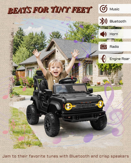 12V Ride on Toys for Kids, Licensed Ford Bronco Raptor Children Electric Vehicles, Toddler Battery Powered Car with Double Doors, 3 Point Safety Belt, Led Lights (12V, Black)