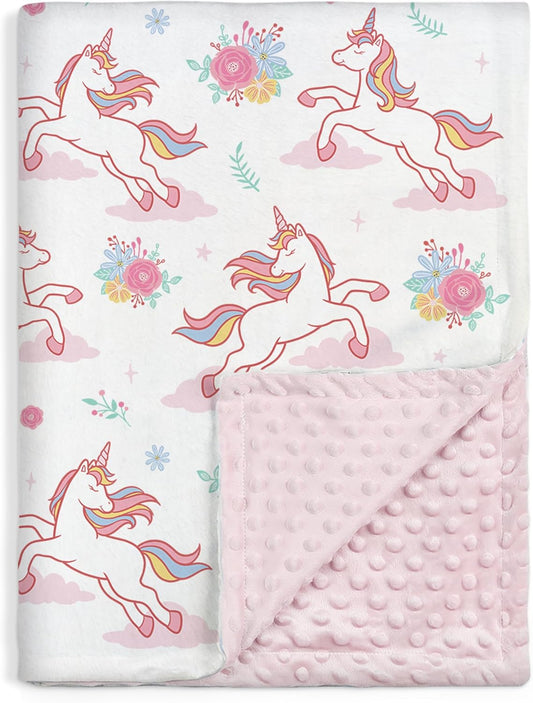 SANDJEST Unicorn Kid Blankets for Girls 30 x 40 - Throw Minky Blanket with Double Layer Dotted
