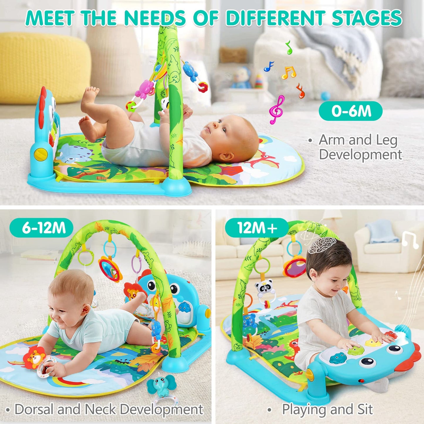UMIKU Baby Gym Play Mat Baby Gifts Tummy Time Mat Activity Center, Dinosaur