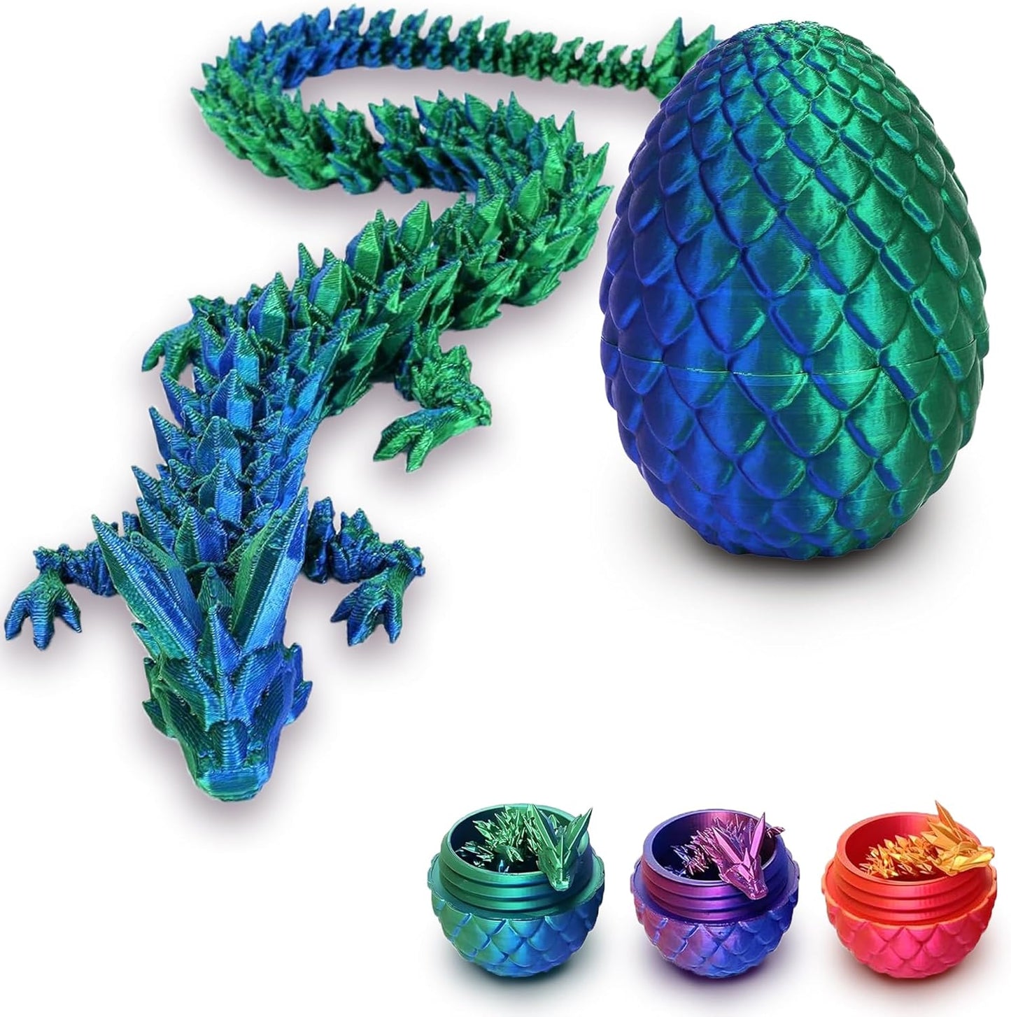 3D Printed Dragon in Egg, Full Articulated Dragon Crystal Dragon with Dragon Egg, Home Office Decor Executive Desk Toys, Adults Fidget Toys for Autism/ADHD, 12 Inches (Laser Green)
