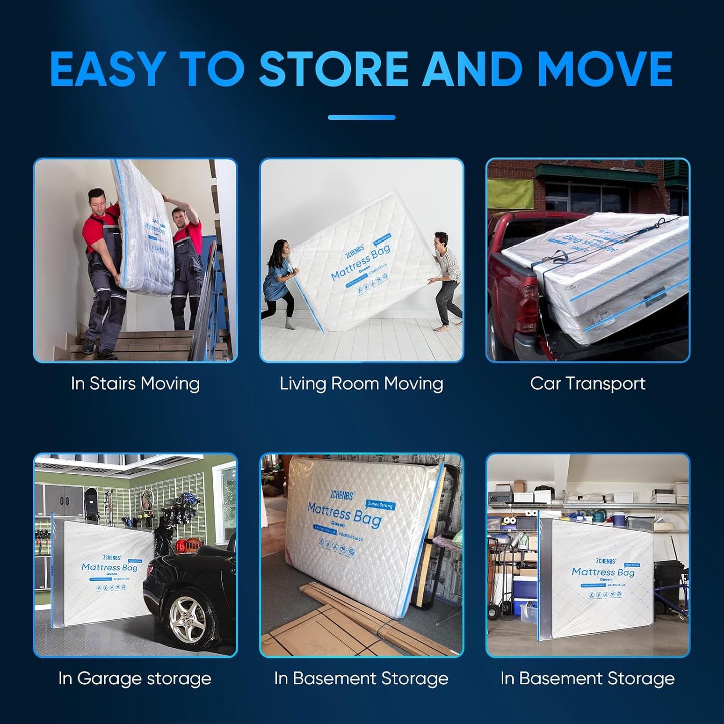 ZCHENBS® – Mattress Bags for Moving and Storage,Mattress Bag with Zippers,5 Mil Ultra-Thick Bed Bag,Waterproof,Anti-Tear,Heavy-Duty Mattress bag (Transaparent/Blue, Queen-(1 Pack))