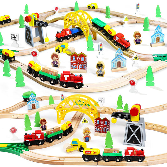 TOY Life Wooden Train Set with Crane, 60-Pc Track, Boys 3-8