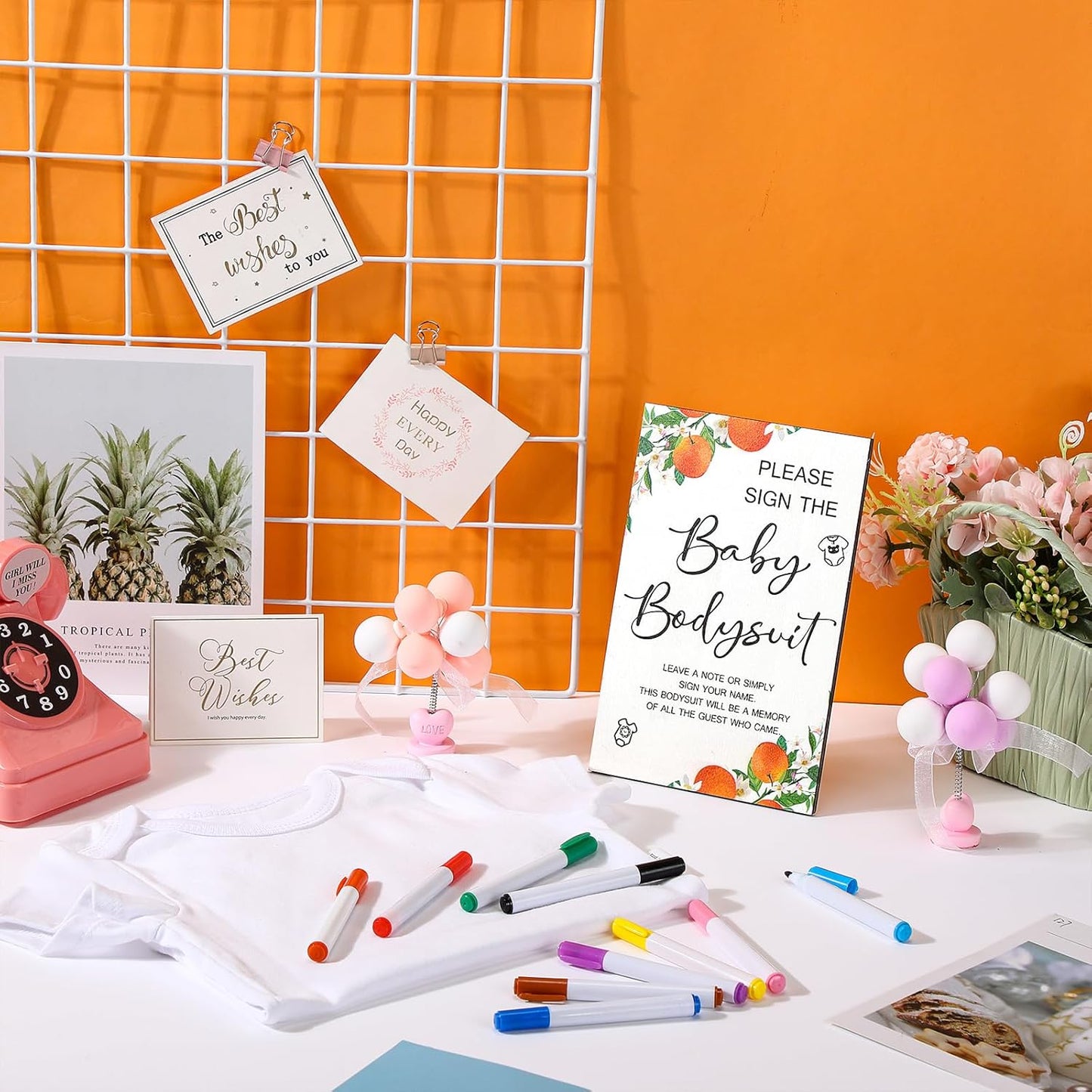 Qunclay 12 Pcs Baby Bodysuit Baby Shower Game Include 1 Game Wooden Sign Tabletop Decor 1 White Blank Newborn Bodysuit 10 Fabric Marker for Gender Reveal Party(Orange)