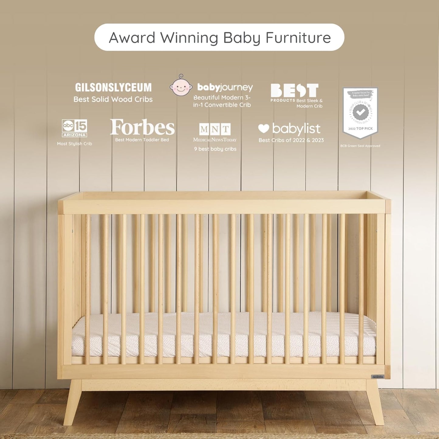 dadada Baby Soho 3-in-1 Convertible Wooden Crib to Toddler Bed - Made in Italy, GREENGUARD Gold Certified, Baby-Safe Finish, Sustainable Beech Wood, Modern Design, 3 Adjustable Heights (Natural)