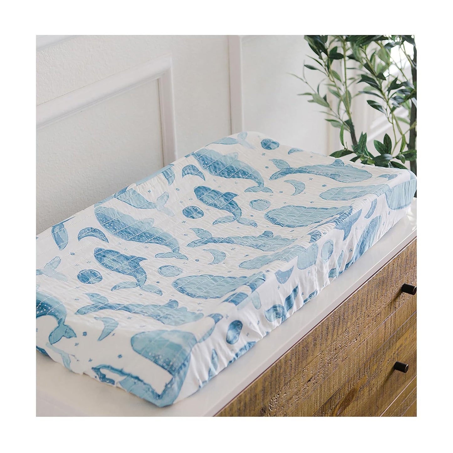 Crane Baby Quilted Changing Pad Cover with Animal Print, Breathable Cotton Sateen, Fits Standard 16?�X32??Pads, Ocean Whale Blue
