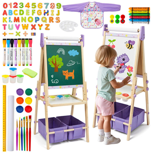 3-in-1 Kids Art Easel Set, Height Adjustable Magnetic Whiteboard & Chalkboard with Painting Paper