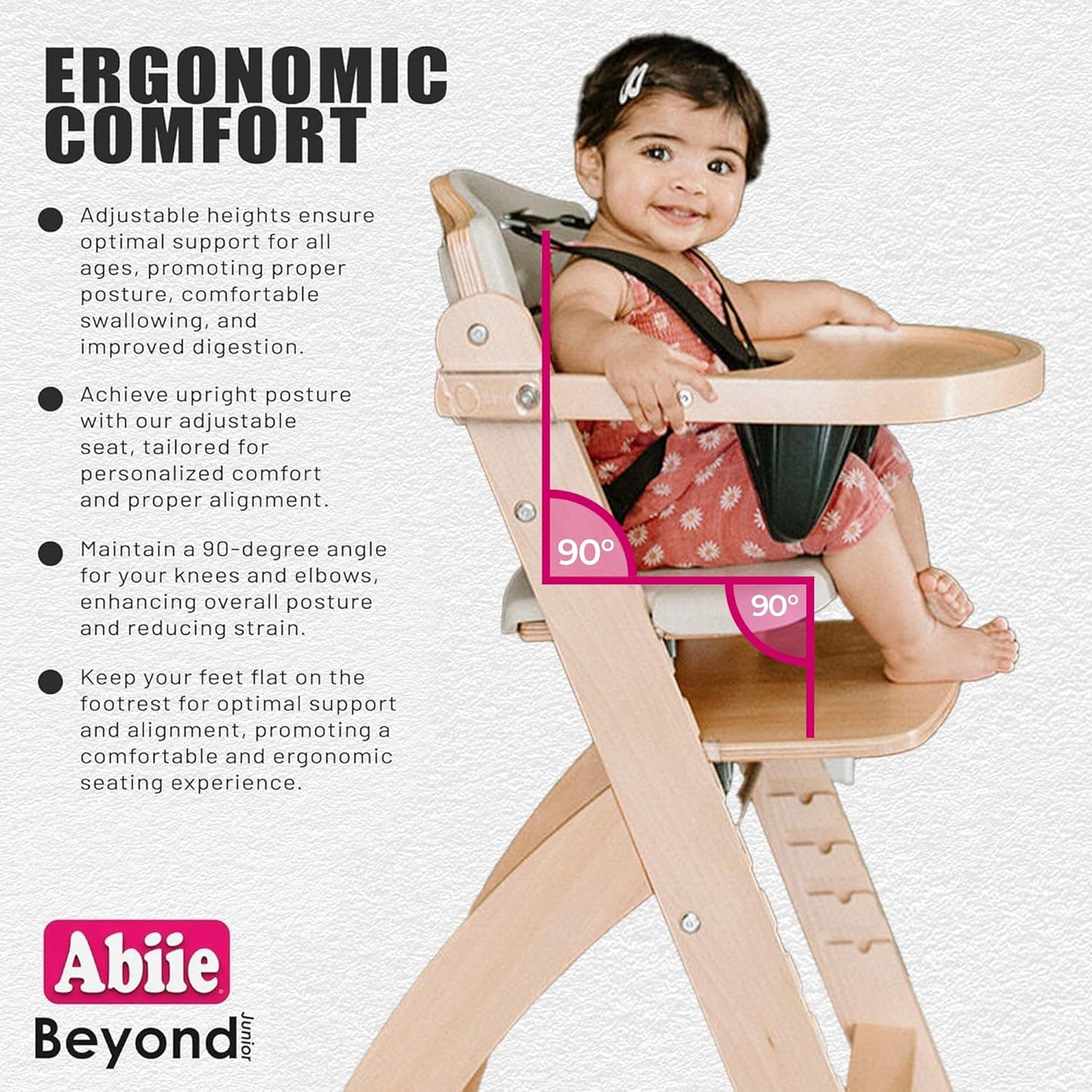 Abiie Beyond Junior Wooden High Chair with Tray - Adjustable and Convertible High Chair for Babies