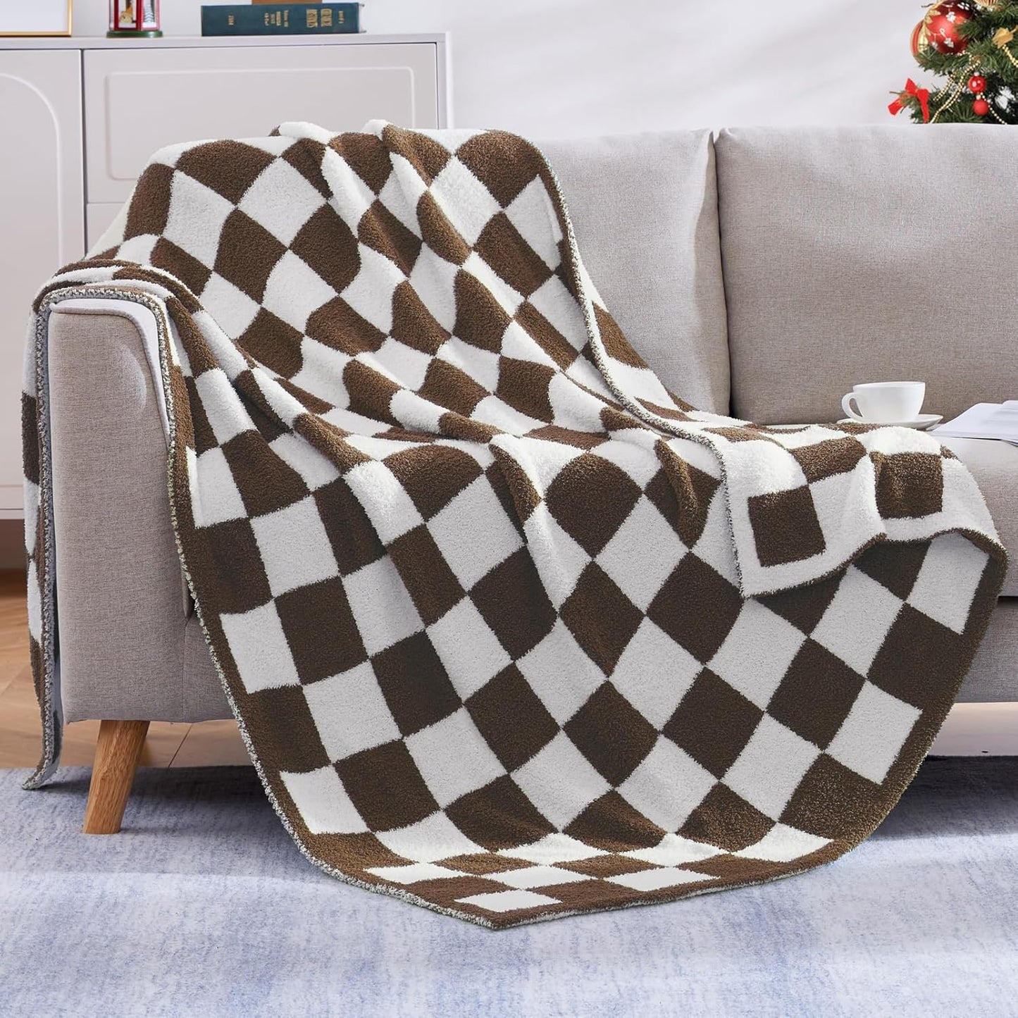 WRENSONGE Checkered Throw Blanket, Coffee Soft Cozy Fluffy Warm Hand Made Throw Blankets for Couch