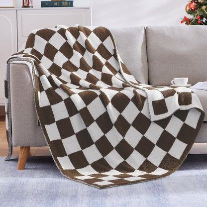 WRENSONGE Checkered Throw Blanket, Coffee Soft Cozy Fluffy Warm Hand Made Throw Blankets for Couch