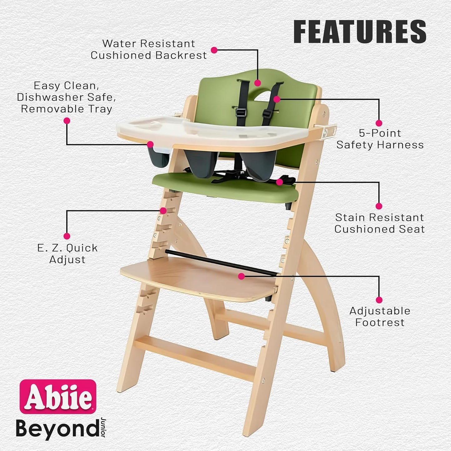Abiie Beyond Junior Wooden High Chair with Tray - Adjustable and Convertible High Chair for Babies
