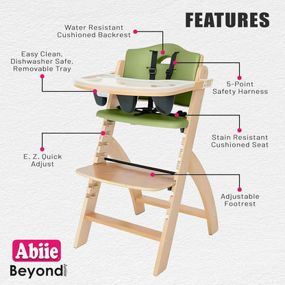 Abiie Beyond Junior Wooden High Chair with Tray - Adjustable and Convertible High Chair for Babies