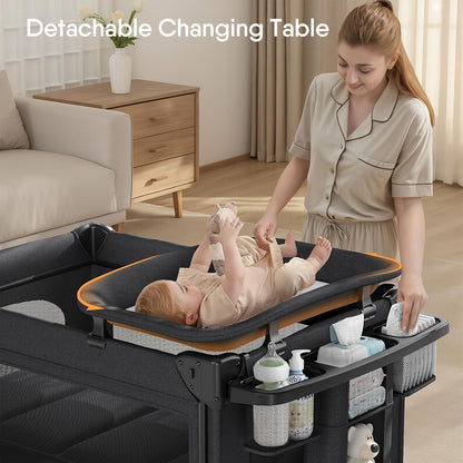 4 in 1 Baby Bassinet, Pack and Play, Bedside Crib Sleeper, Diaper Changer, Quickly Assembled and Folded Portable Crib with Mattress and Mosquito Net, Easy to Carry