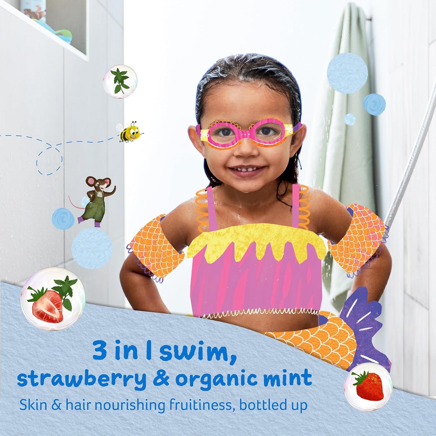 Childs Farm, Kids 3 in 1 Swim, Strawberry and Organic Mint, Body Wash, Shampoo and Conditioner